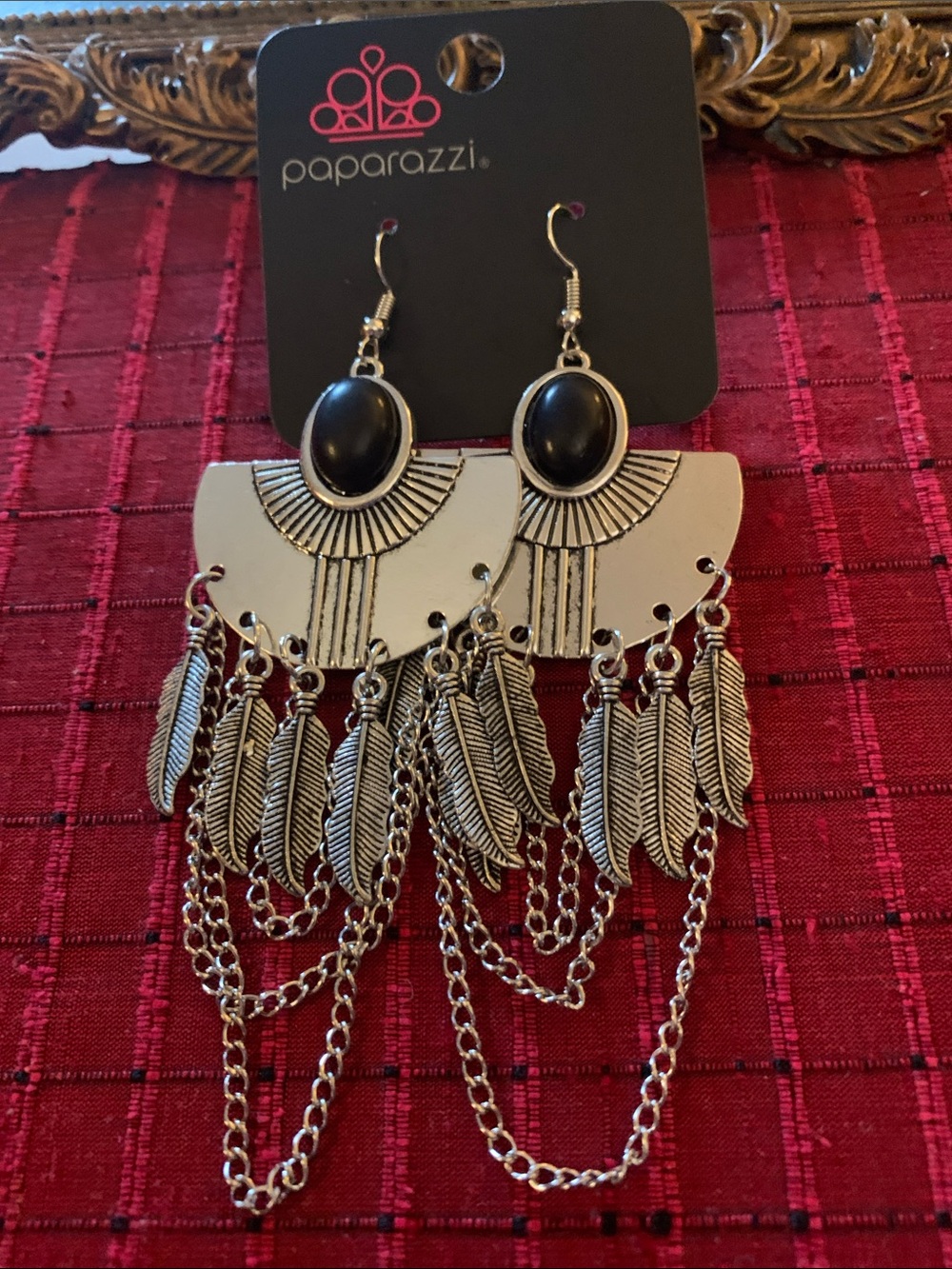 paparazzi Silver-Tone Black Stone Feather Fringe Earrings